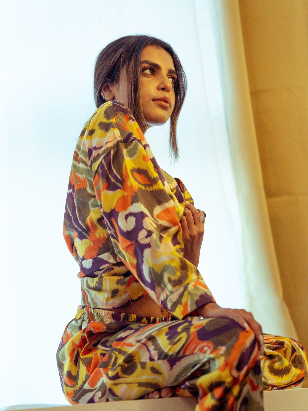 Abstract Print Shirt & Wide Leg Pants Coord Set