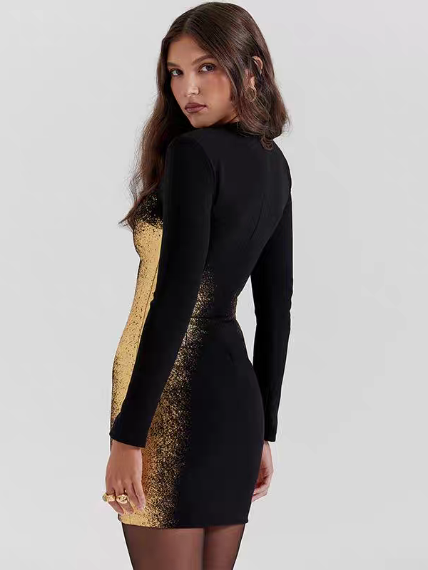 Black and Gold Full Sleeve Bodycon Short Dress Black and Gold Full Sleeve Bodycon Short Dress