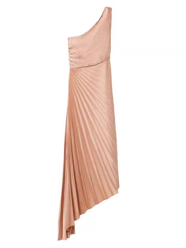 One-Shoulder Sun-Pleated Satin Dress by Exclusives in brown with a long asymmetrical hem