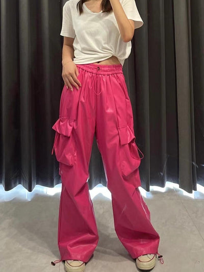 Faux Leather Cargo Pants from SR Store in pink with cargo pockets, on sale.