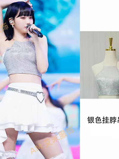 Rhinestone Mesh Halter Top, silver; SR Store, shown in two views on model and mannequin.