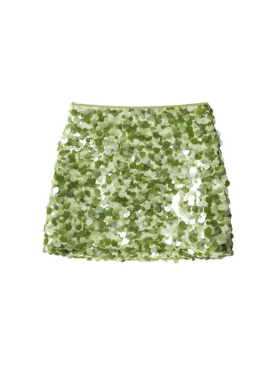 Lime-green mini skirt covered in shiny round coin sequins.