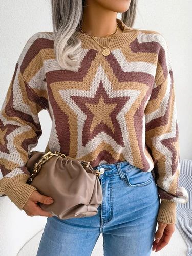 Star Print Long Sleeve Pullover Sweater by EXCLUSIVES in warm brown and tan knit