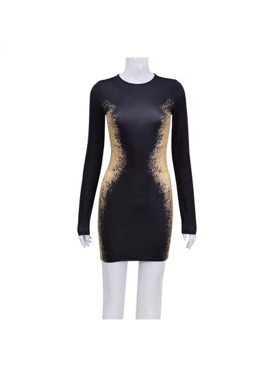 Black and Gold Full Sleeve Bodycon Short Dress