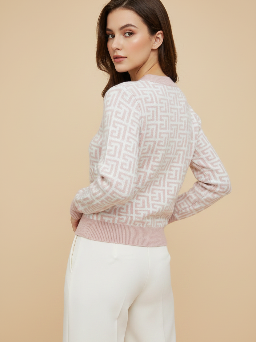 Print Fifi Button Knit Top by Exclusives, pink geometric knit blouse on sale
