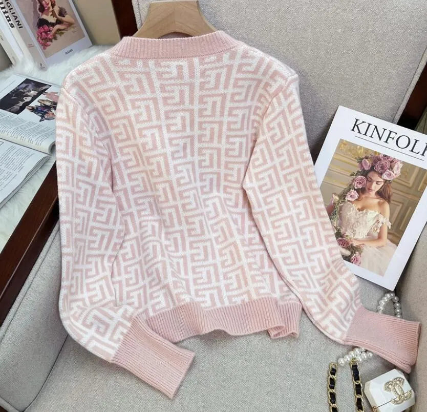 Print Fifi Button Knit Top; pink geometric knit blouse with ribbed cuffs and hem