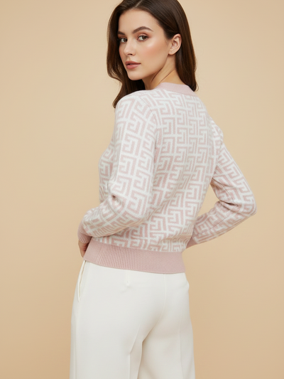 Print Fifi Button Knit Top by Exclusives, pink geometric knit blouse on sale