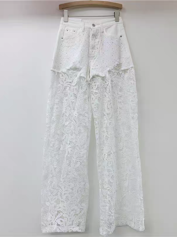 Rhinestone Lace Crochet Denim Pant