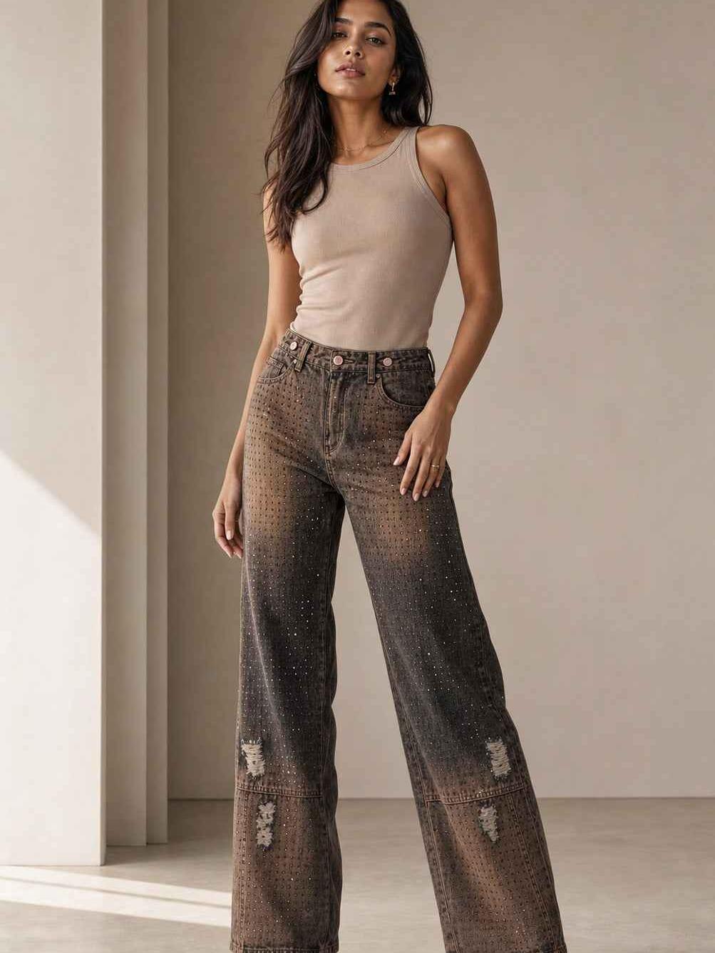 Rhinestone  Wide Leg Denim Pants