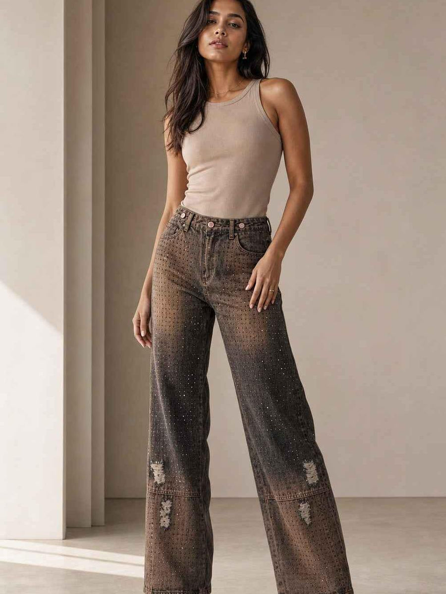 Rhinestone  Wide Leg Denim Pants