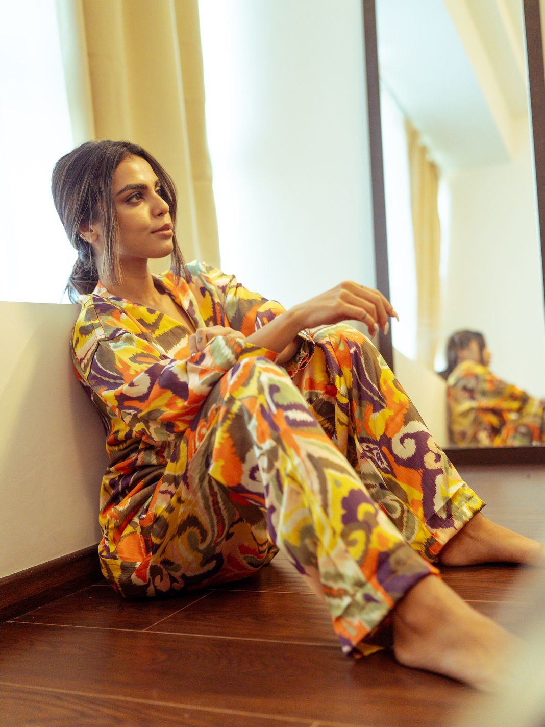 Abstract Print Shirt & Wide Leg Pants Coord Set