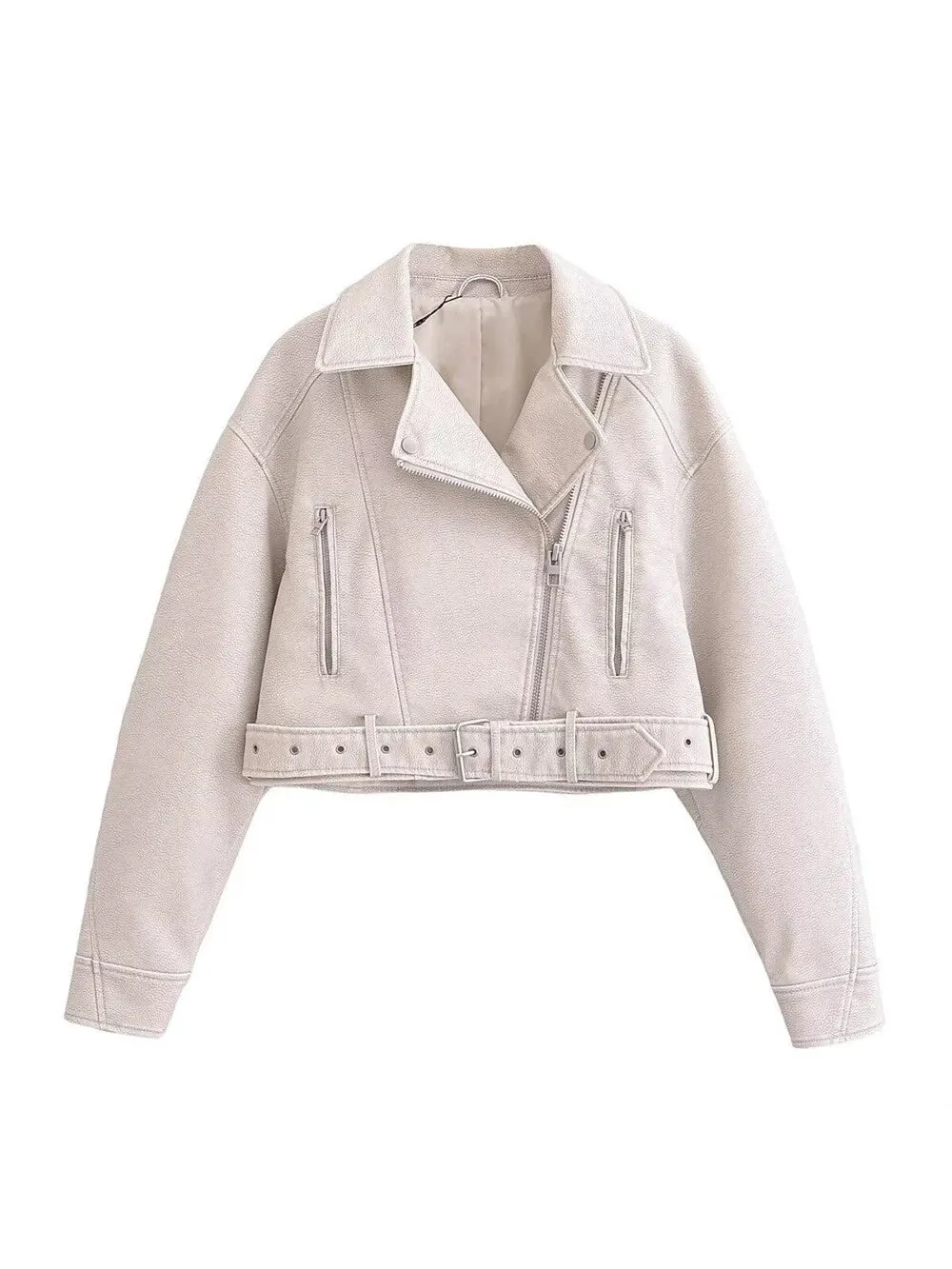 PU Leather Lapel Collar Crop Jacket With Belt by EXCLUSIVES, cream with zip pockets