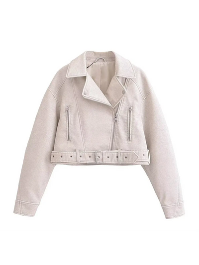 PU Leather Lapel Collar Crop Jacket With Belt by EXCLUSIVES, cream with zip pockets