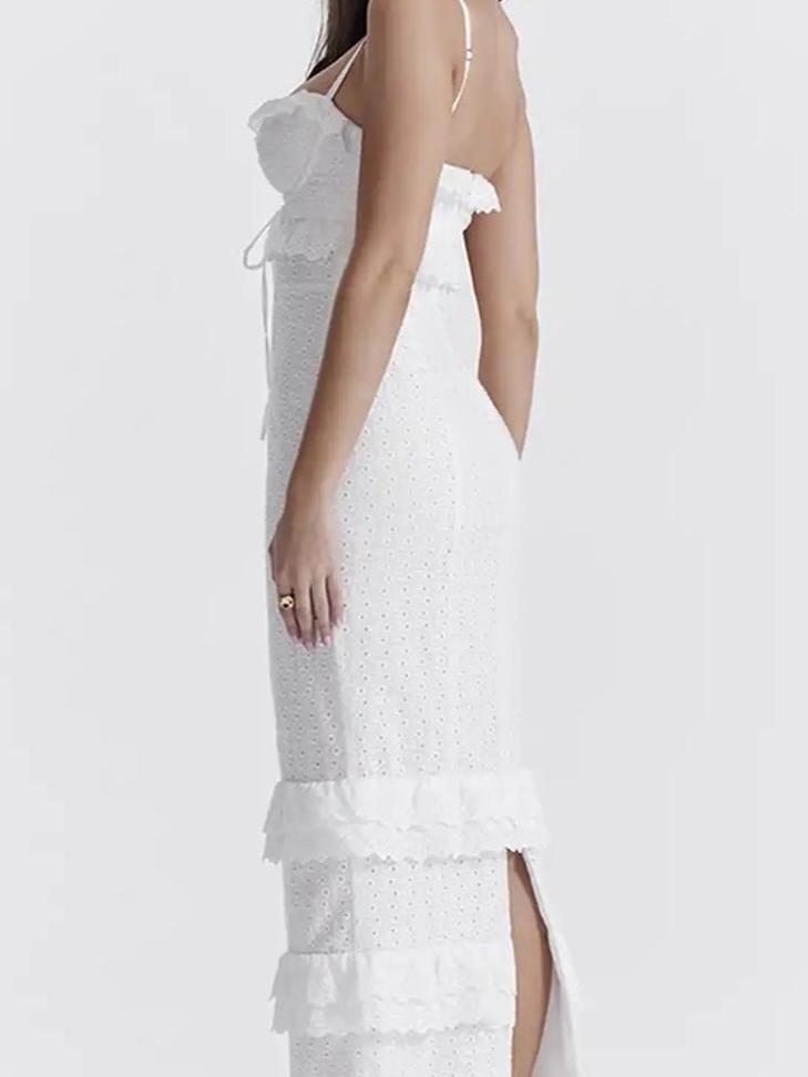 White Seraphine Ruffle Eyelet Maxi Dress with tiered ruffles and a side slit