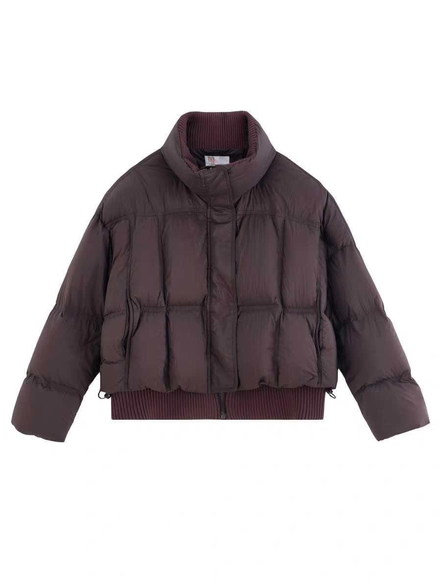 SR Store ribbed bomber jacket in plum, quilted puffer with ribbed cuffs and hem.