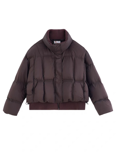 SR Store ribbed bomber jacket in plum, quilted puffer with ribbed cuffs and hem.