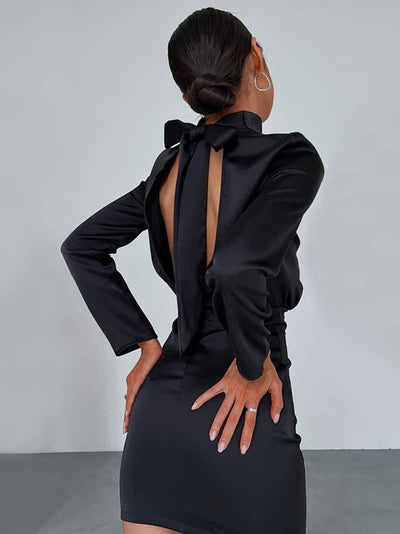 Satin neck backless high-A-line short dress in black by SR Store
