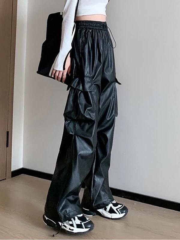 Faux leather cargo pants in black, wide-leg with cargo pockets