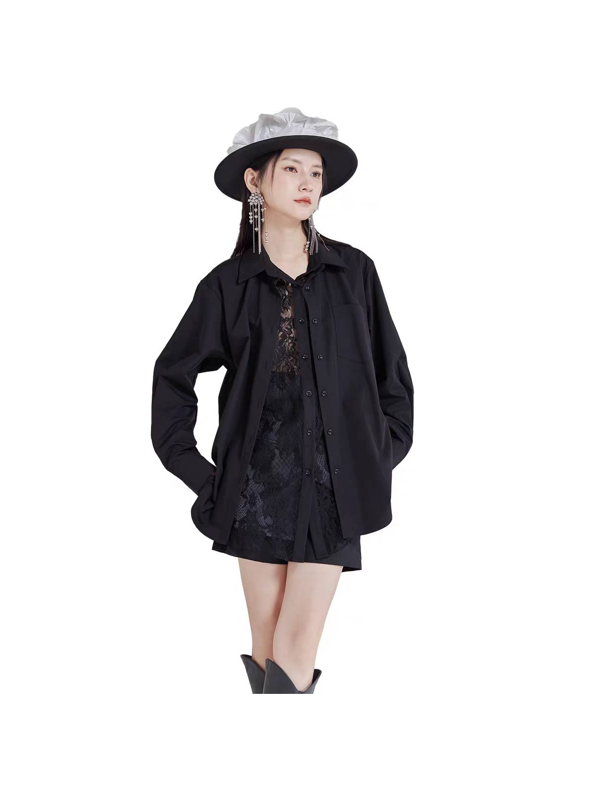 Oversized Fit Shirt with Attached Lace