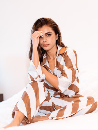 Stripe Print Shirt & Wide Leg Pants Coord Set