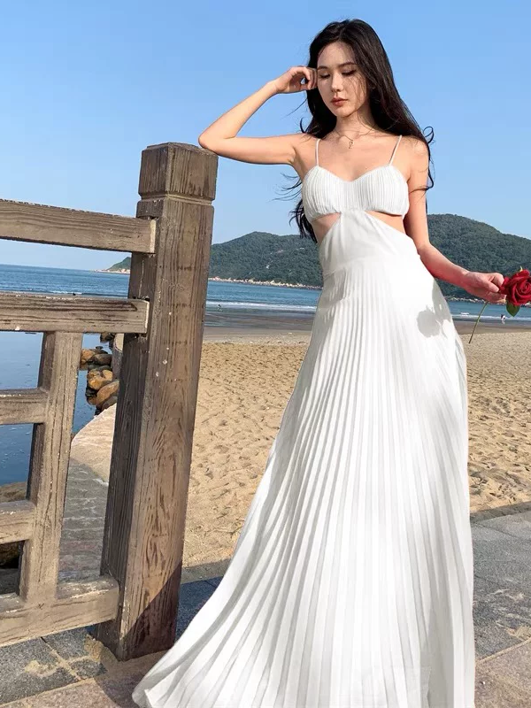 Exclusives Pleated Spaghetti Strap Cutout Maxi Dress on sale, white, beach-ready