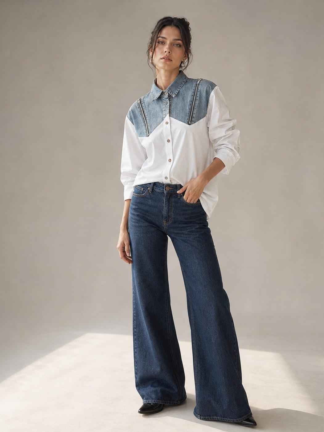 Cotton Shirt with Denim Patch