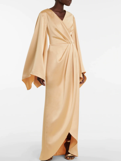Bell Sleeve Satin Slit Maxi Dress by SR Store; champagne satin with wrap front and long draped sleeves