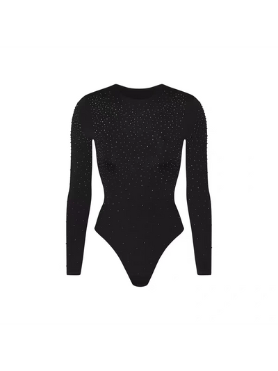 SR Store Black mesh rhinestone bodysuit with long sleeves, on sale