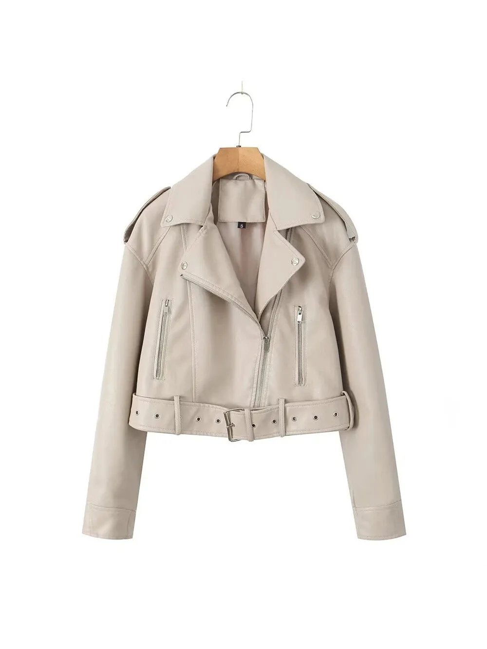 PU Leather Lapel Collar Crop Jacket With Belt in beige, with front zip and two zip pockets