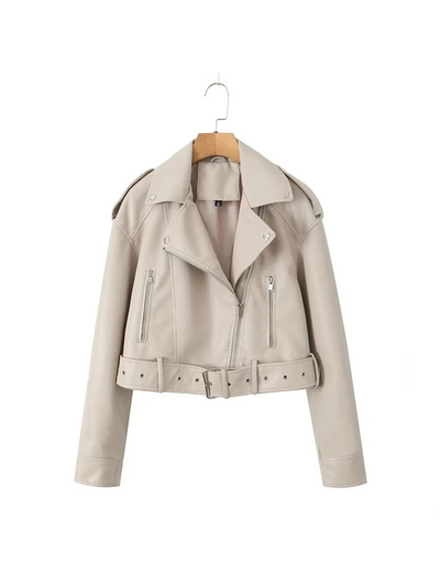 PU Leather Lapel Collar Crop Jacket With Belt in beige, with front zip and two zip pockets