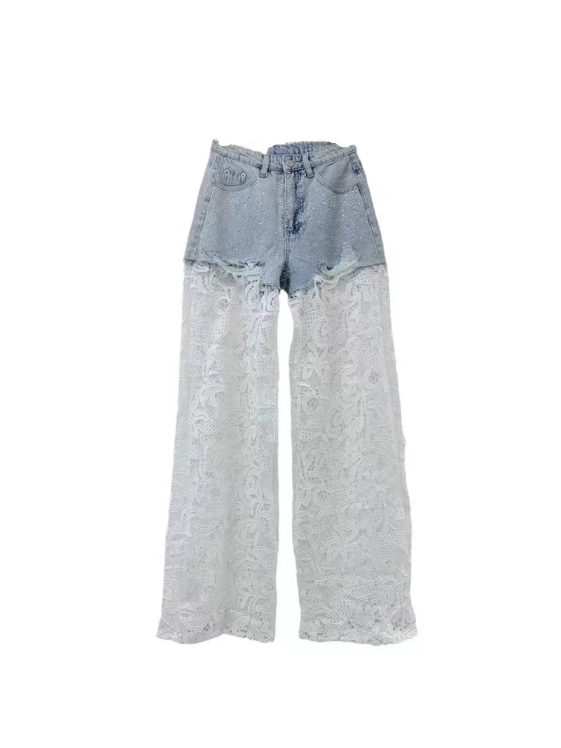 Rhinestone Lace Crochet Denim Pant