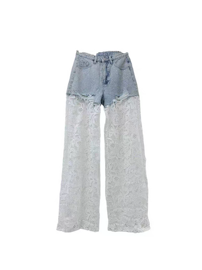 Rhinestone Lace Crochet Denim Pant