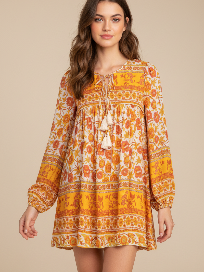 Floral Printed Flare Short Dress by SR Store in warm yellow-orange tones with tassel neck tie.
