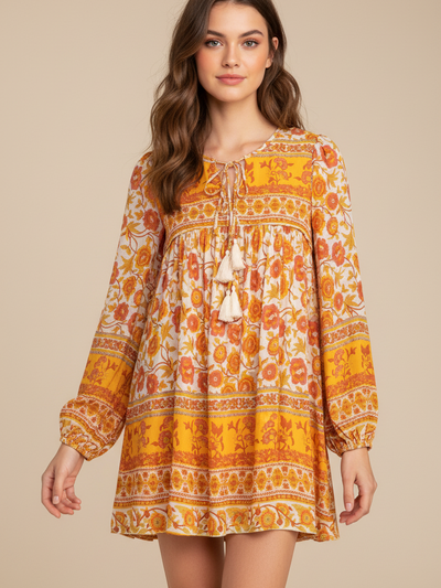 Floral Printed Flare Short Dress by SR Store in warm yellow-orange tones with tassel neck tie.