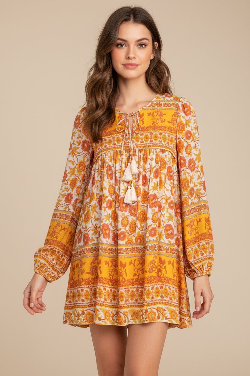 Floral Printed Flare Short Dress by SR Store in warm yellow-orange tones with tassel neck tie.
