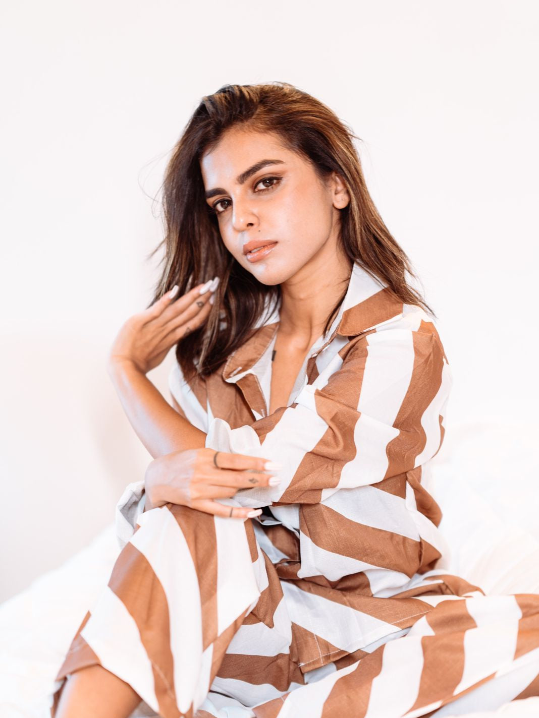 Stripe Print Shirt & Wide Leg Pants Coord Set