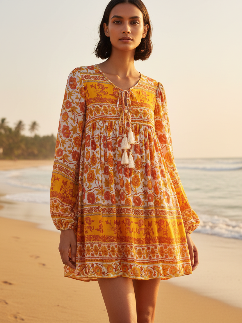 Floral Printed Flare Short Dress SR Store, yellow-orange floral print, on sale.