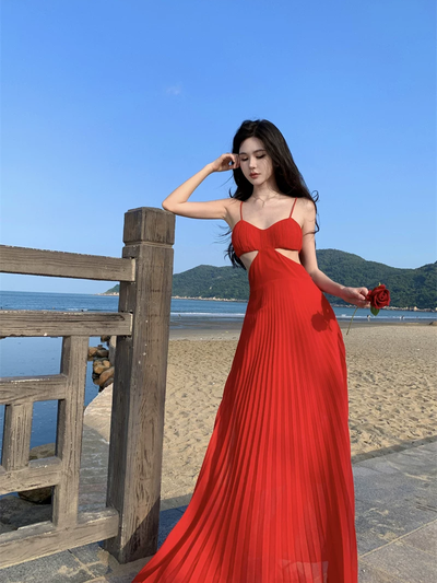 Pleated Spaghetti Strap Cutout Maxi Dress by Exclusives, red on sale