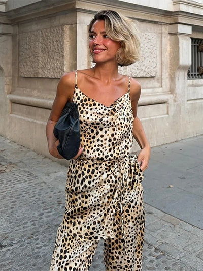 Animal Print Spaghetti Strap Cami Top & Wide Leg Pants Coord Set
