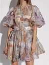 Abstract Vintage flower patch Dress with Belt