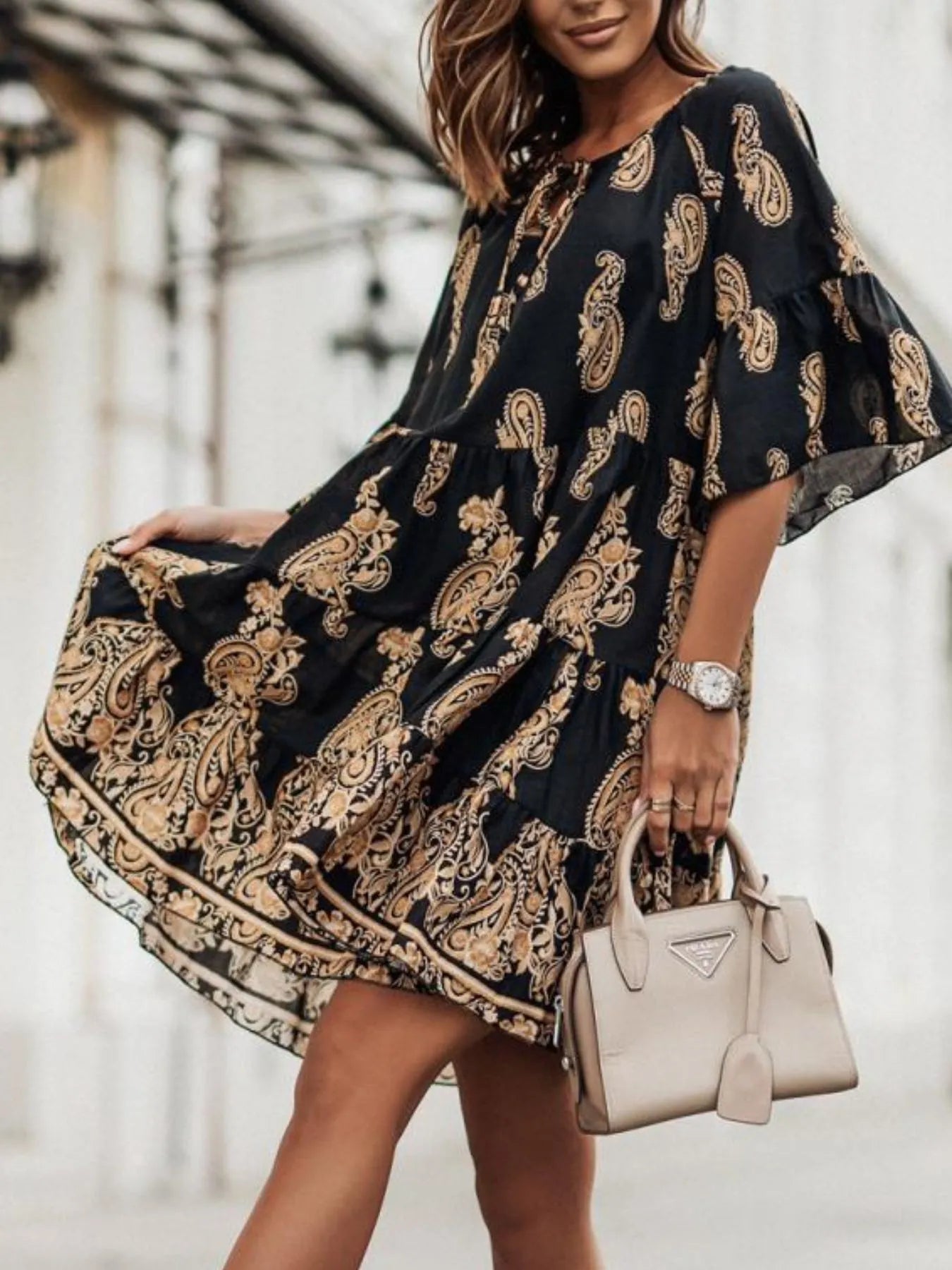 Paisley Print A Line Dress by SR Store; black fabric with beige paisley pattern