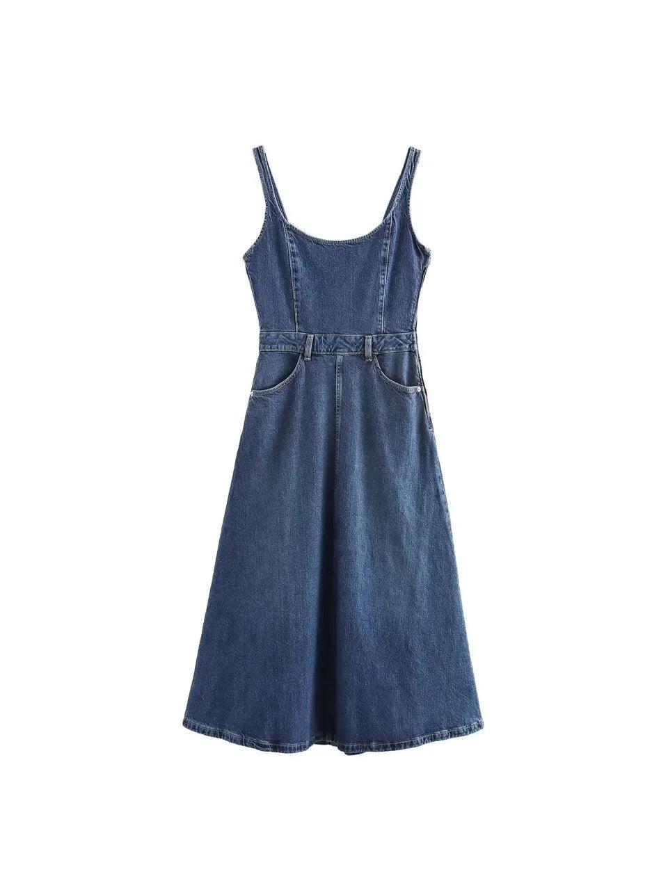 Spaghetti Strap Denim Midi Dress