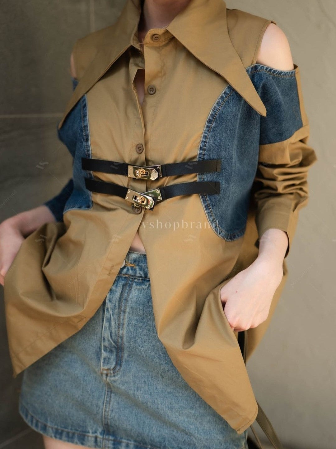 Denim Cutout Shoulder Belted Shirt