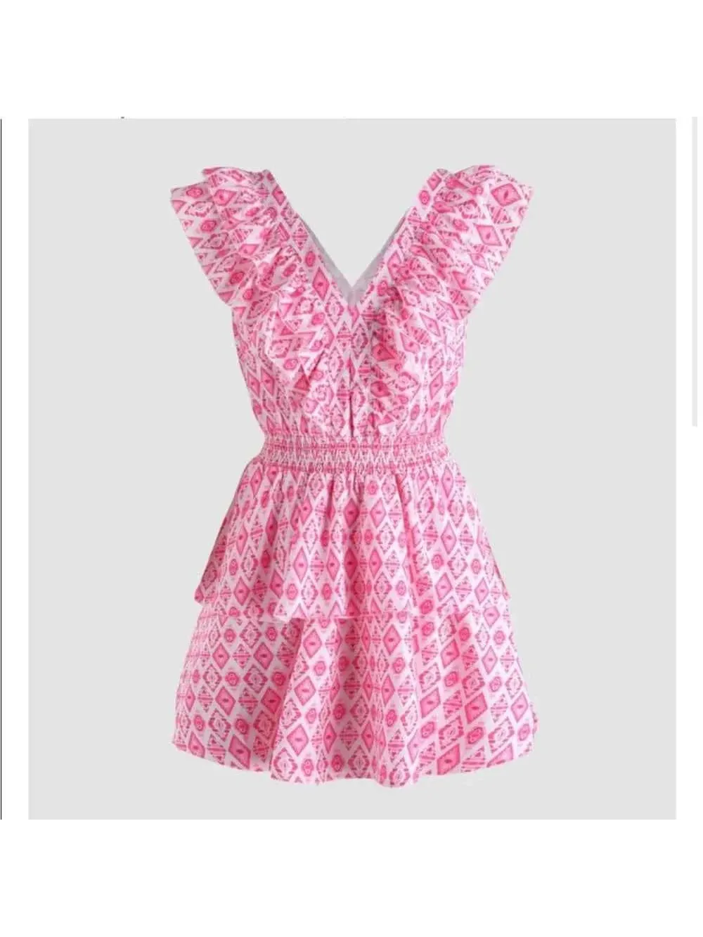 Printed V Neck Ruffle Short Dress