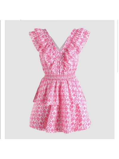 Printed V Neck Ruffle Short Dress