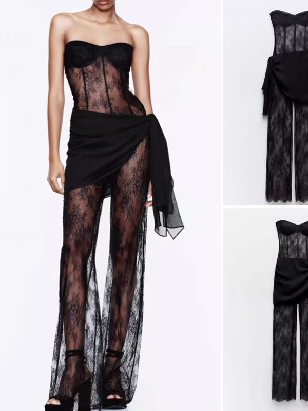 Black Bandeau Tube Lace Jumpsuit