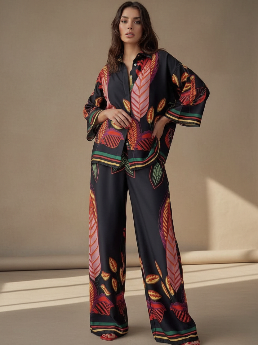 Abstract Print Shirt & Pants Coord Set by SR Store in black with colorful leaf print (2-piece).