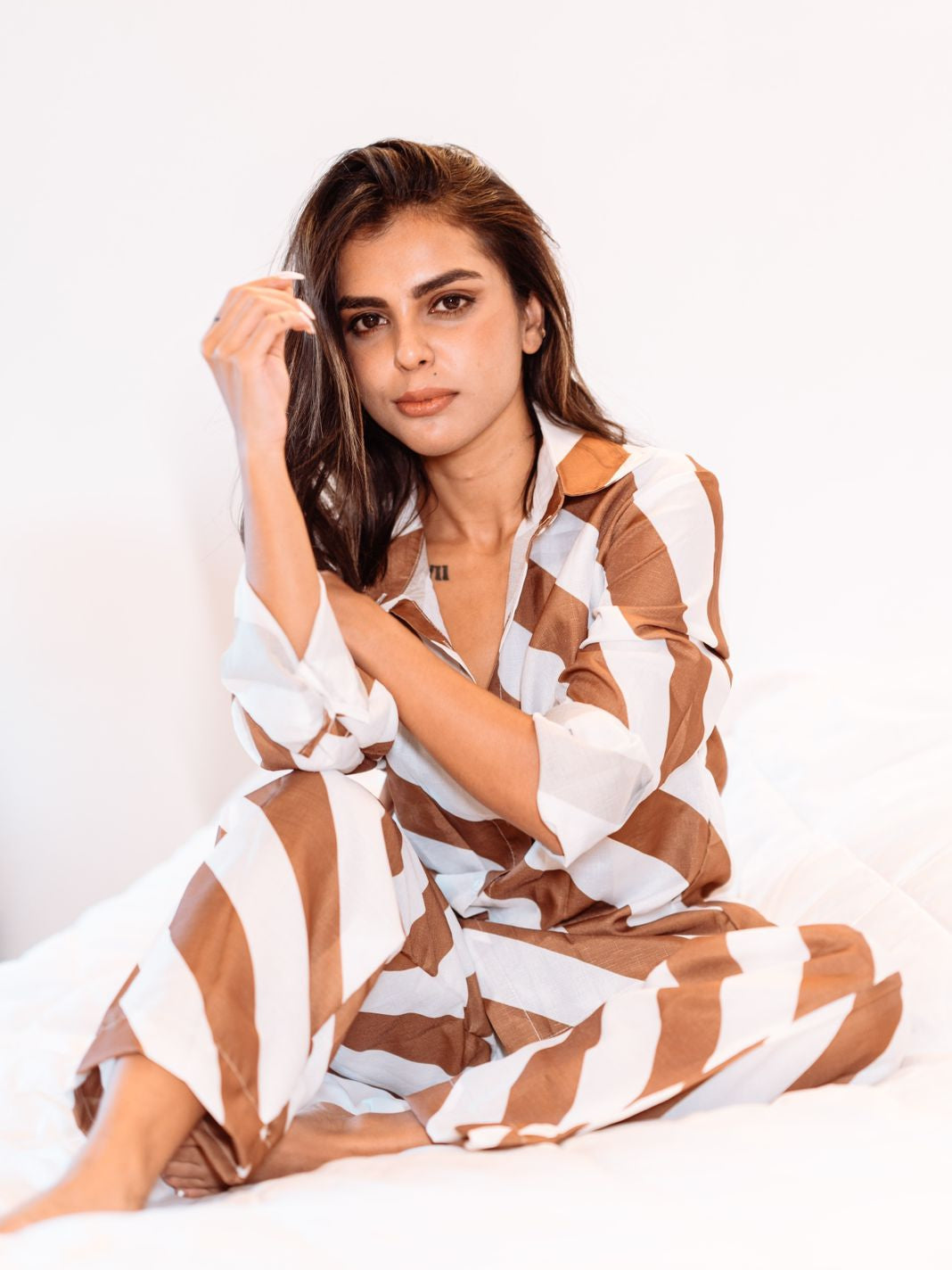 Stripe Print Shirt & Wide Leg Pants Coord Set