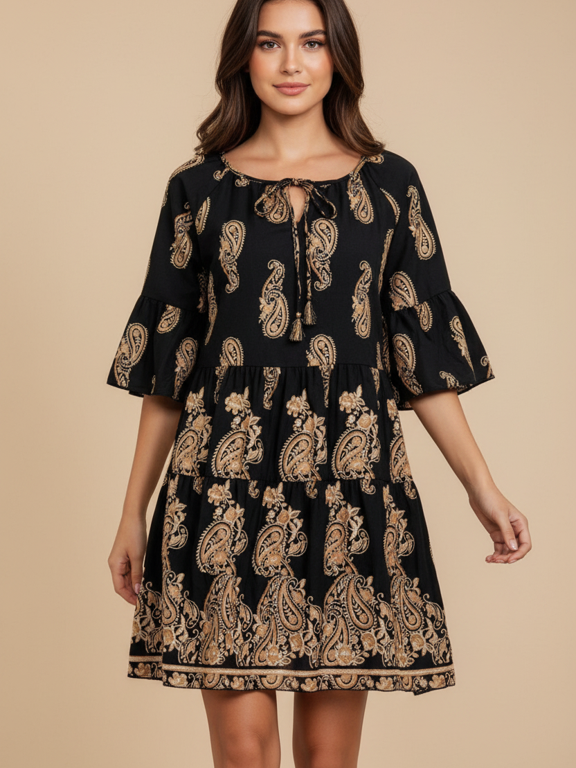 Paisley Print A-Line Dress by SR Store; black with beige paisley pattern, tie-neck tassels