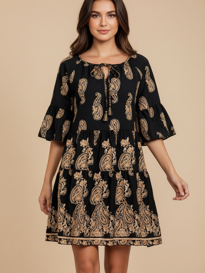 Paisley Print A-Line Dress by SR Store; black with beige paisley pattern, tie-neck tassels
